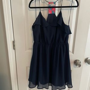 Navy Ruffle dress with neon back detail